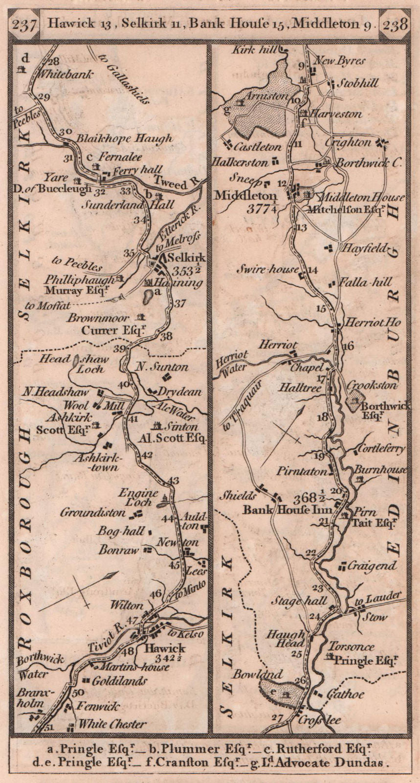 Hawick - Selkirk - Heriot - Middleton road strip map PATERSON 1803 old